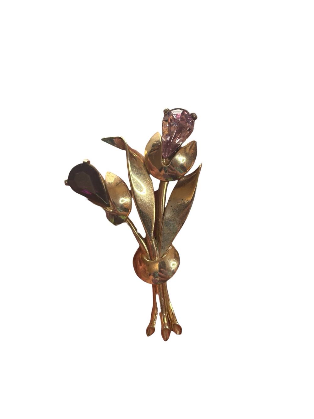 Vintage Gold Tone Tulip Flower Brooch Pink Rhinestone Spray Mid Century Restored